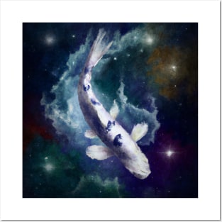 Koi fish - Swimming though starry nebula galaxy Posters and Art
